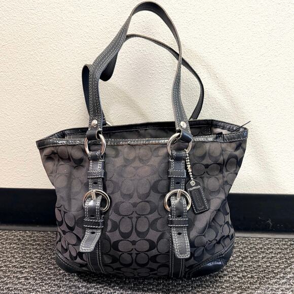 Coach Logo Black Shoulder Bag Purse w/Signature Leather Silver Hardware 15”x11” - Picture 1 of 16